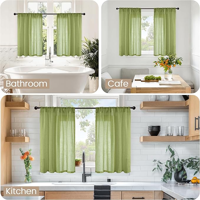 BGment 45 Inch Length Green Linen Curtains for Kitchen Window - Short Drapes Semi Sheer Textured Light Filtering with Rod Pocket for Cafe Front Door Window, 2 Panels Set, 30 X 45 Inch