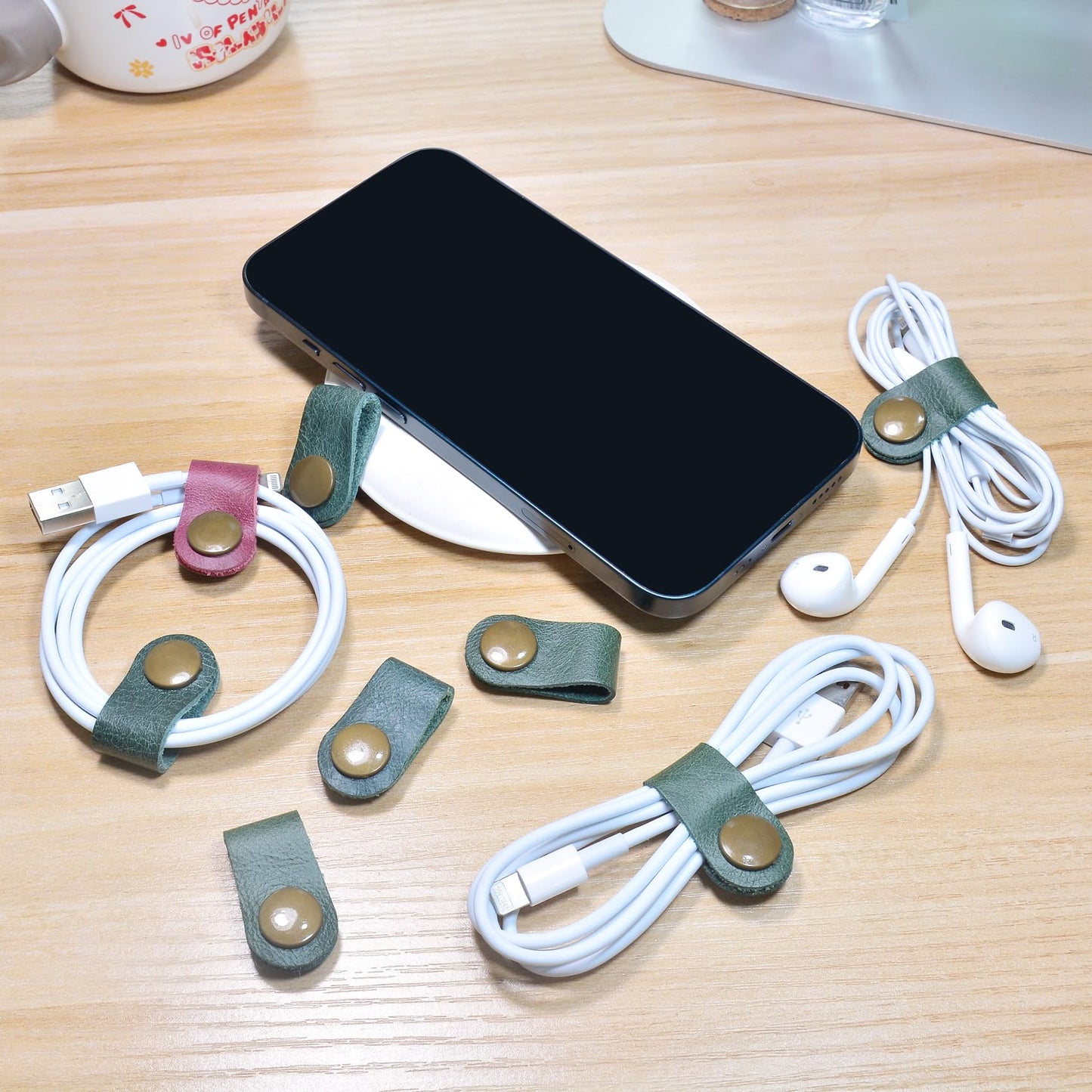 CAILLU Cord Organizer,Cord Keeper,Cable Organizer USB Holder,Cable Management,Cable Straps,Earbud case,wrap Headset Winder,Phone Earphone Clips Ties (Dark green Cord Organizer)