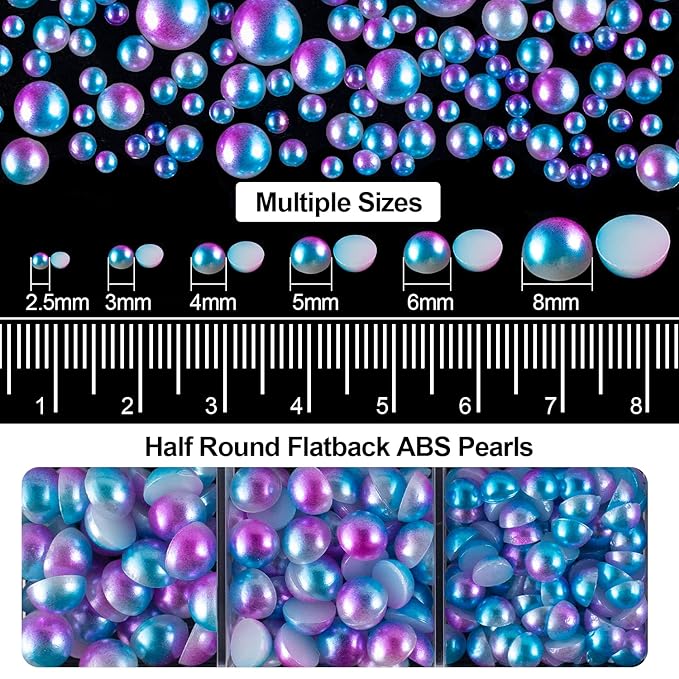 4000PCS Flatback Rhinestones and Half Round Pearls Kit #7, Multi Size Glass Clear & AB Crystals, Plastic Flat Back Blue Mermaid Dome Bead with Pickup Pencil and Tweezer for Nail Art