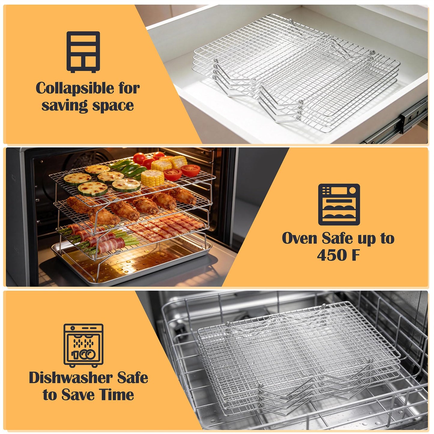 P&P CHEF Cooling & Baking Rack, 4-Tier Stainless Steel Stackable Grid Cooking Racks for Cooling Roasting Grilling, Collapsible & Heavy Duty, Oven & Dishwasher Safe, 15" x 10"