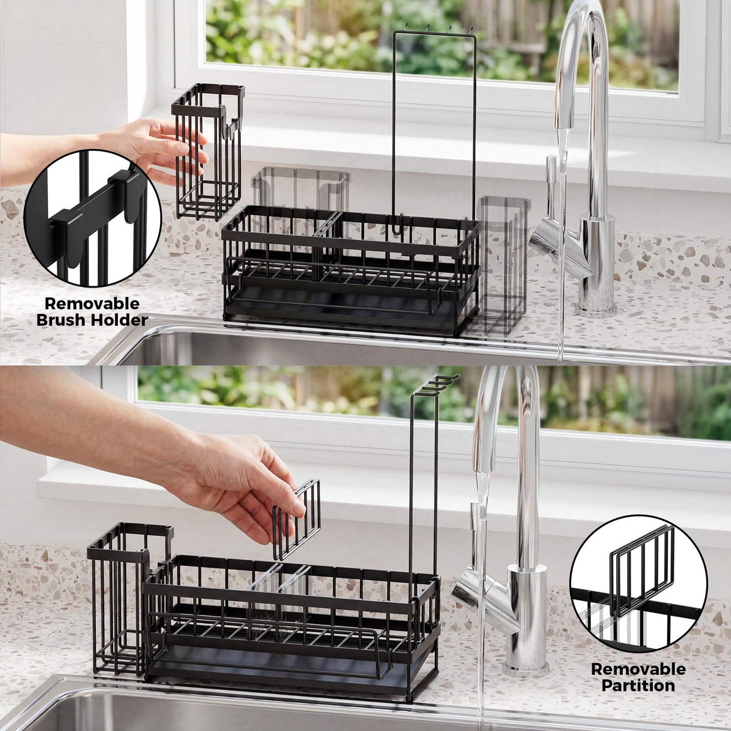 Sponge Holder for Kitchen Sink – Rustproof Stainless Steel with Detachable Drainboard, Brush Rack & Towel Bar | Compact, Non-Slip Design for Countertop Bathroom