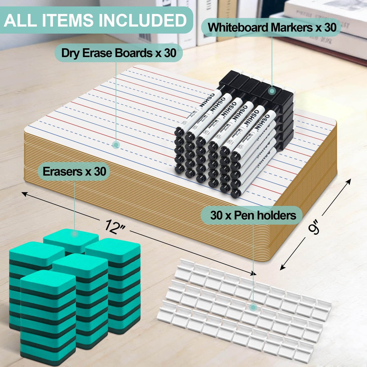 30 Pack Small White Boards, 9"x12" Double Sided Personal Dry Erase Boards Portable Handheld Whiteboards with Lines for Kids, Students, Teacher School, Include 30 Markers, 30 Erasers