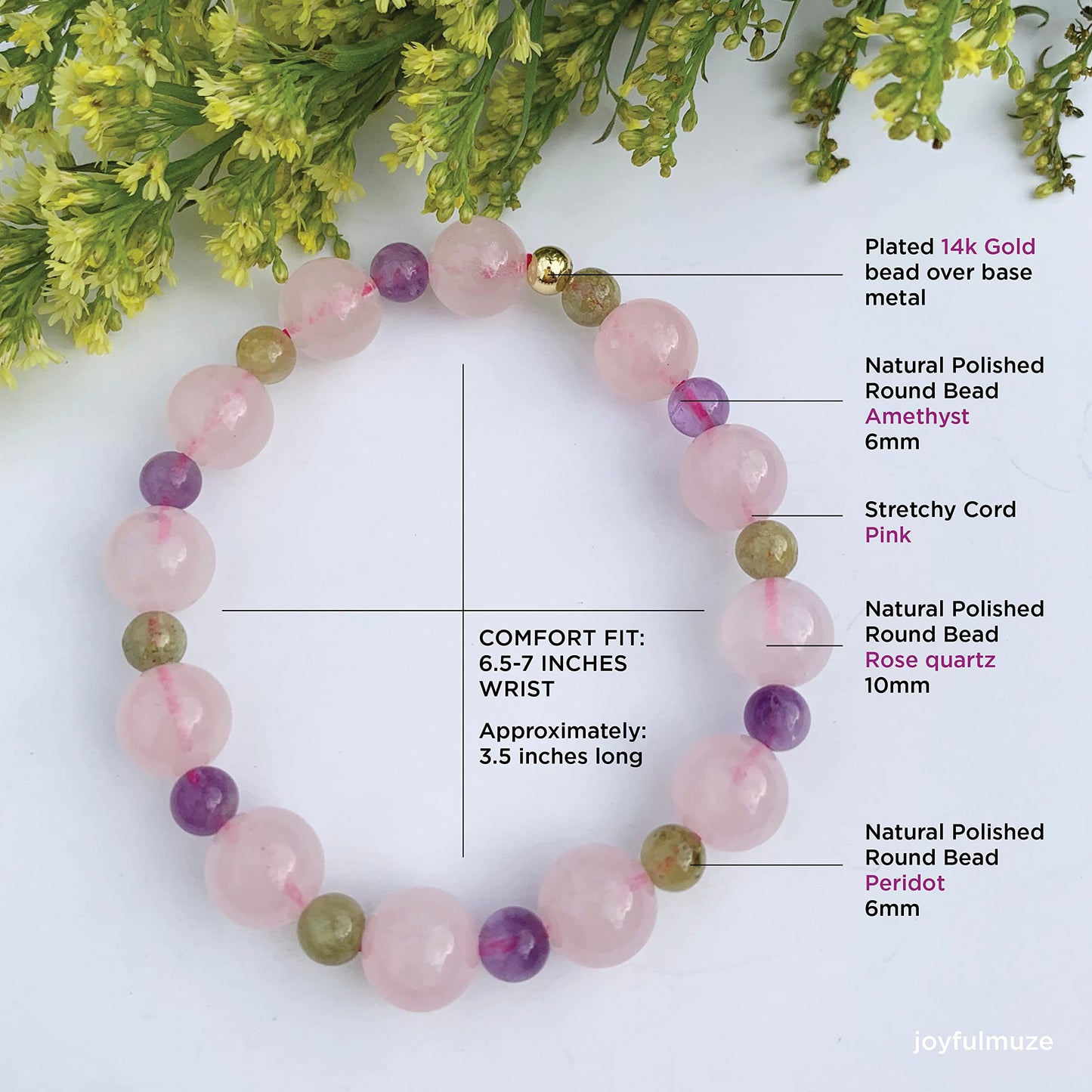 Joyfulmuze Rose Quartz Amethyst Peridot Stretch Bracelet, Natural Energy Crystal Stone Beads, Handmade Gift for Women Men, (Amethyst-Rose Quartz-Peridot)