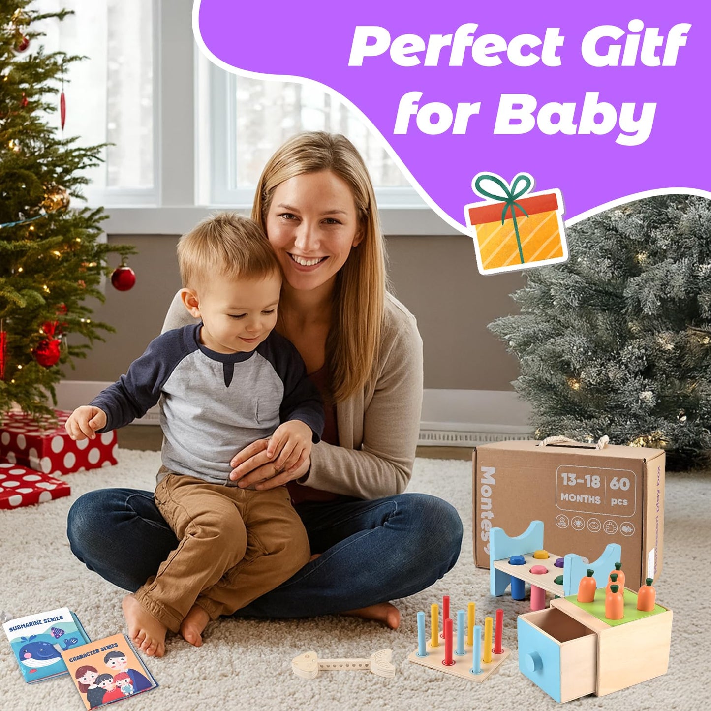 WoodTrove Wooden Montessori Toys for 1+ Year Old, 9-in-1 Learning Educational Set with 3-in-1 Activity Box, Pound Bench, Shape Puzzle, Cloth Books, Fishbone Matching & Ring Stacker