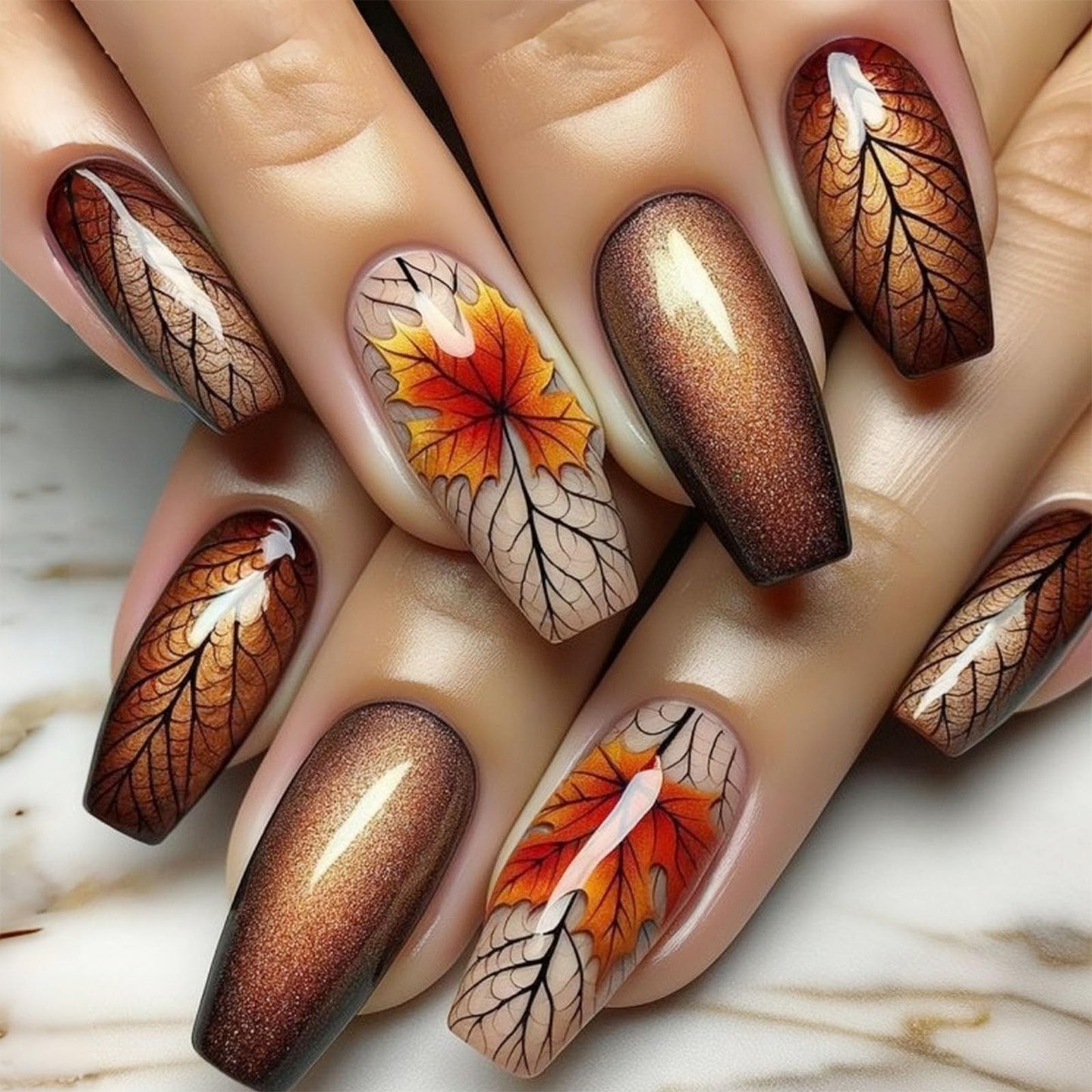 Fall Press on Nails Medium Coffin Fake Nails with Maple Leaves Designs Glossy Glue on Nails Brown Gradient Nails Press ons Autumn Acrylic Artificial Stick on Nails for Women 24Pcs