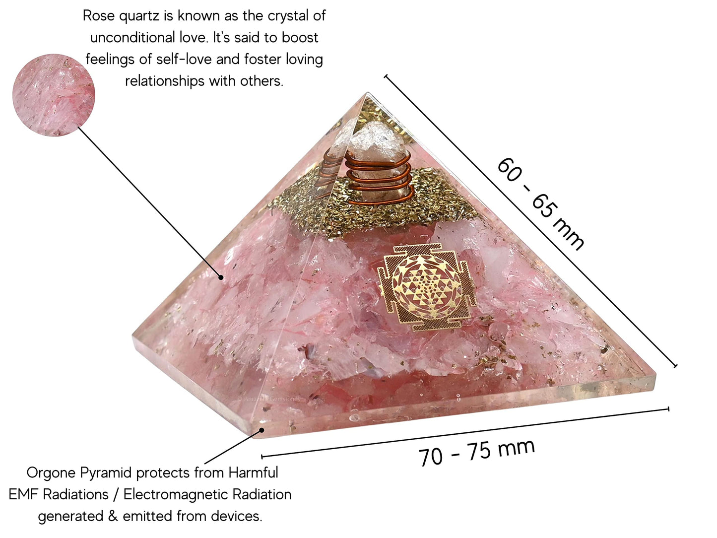 Amazing Gemstone Large Rose Quartz Orgone Pyramid Crystal, Sri Yantra Orgonite Pyramid - Positive Energy Healing