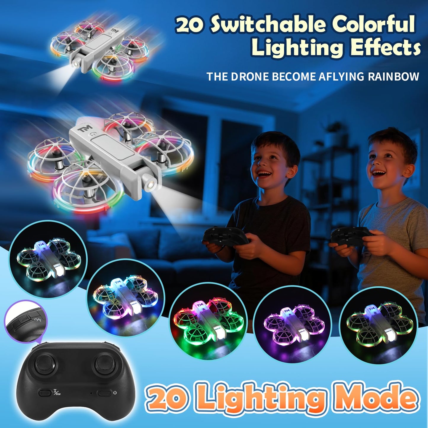 Mini Drone for Kids with 20 Cool Light Modes, Toy Drone with Guard, Altitude-Hold, 3D Flip, 2.4G Remote Control, 3 Speed Modes, 2 Batteries, indoor Outdoor Mini Quadcopter Toy for Beginners