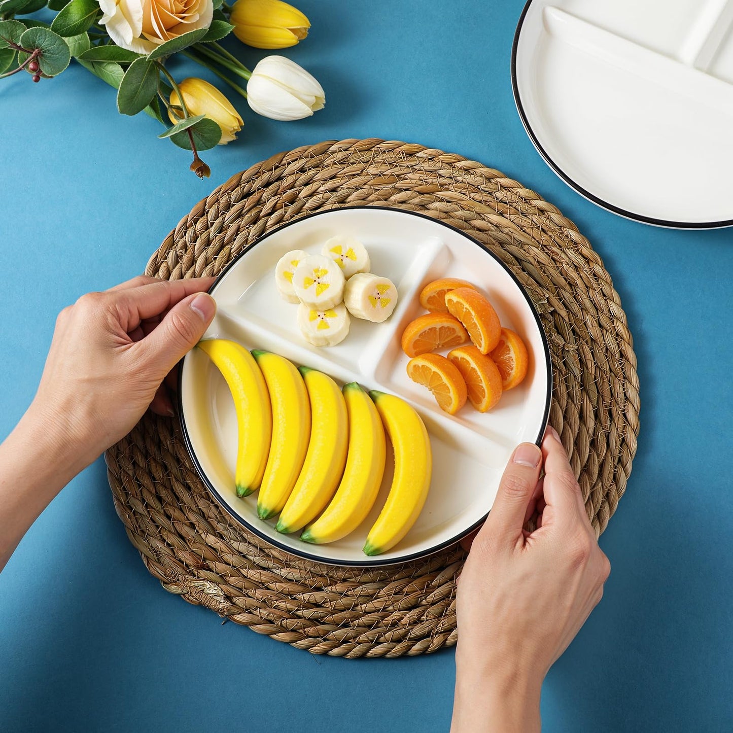 mekueeex Ceramic Divided Plates Set of 2Pcs, 8 Inch Portion Control Plate, Reusable Bariatric Plate for Adults, 3 Compartment Plates, White Dinner Plates for Balanced Meal, Microwave, Dishwasher Safe