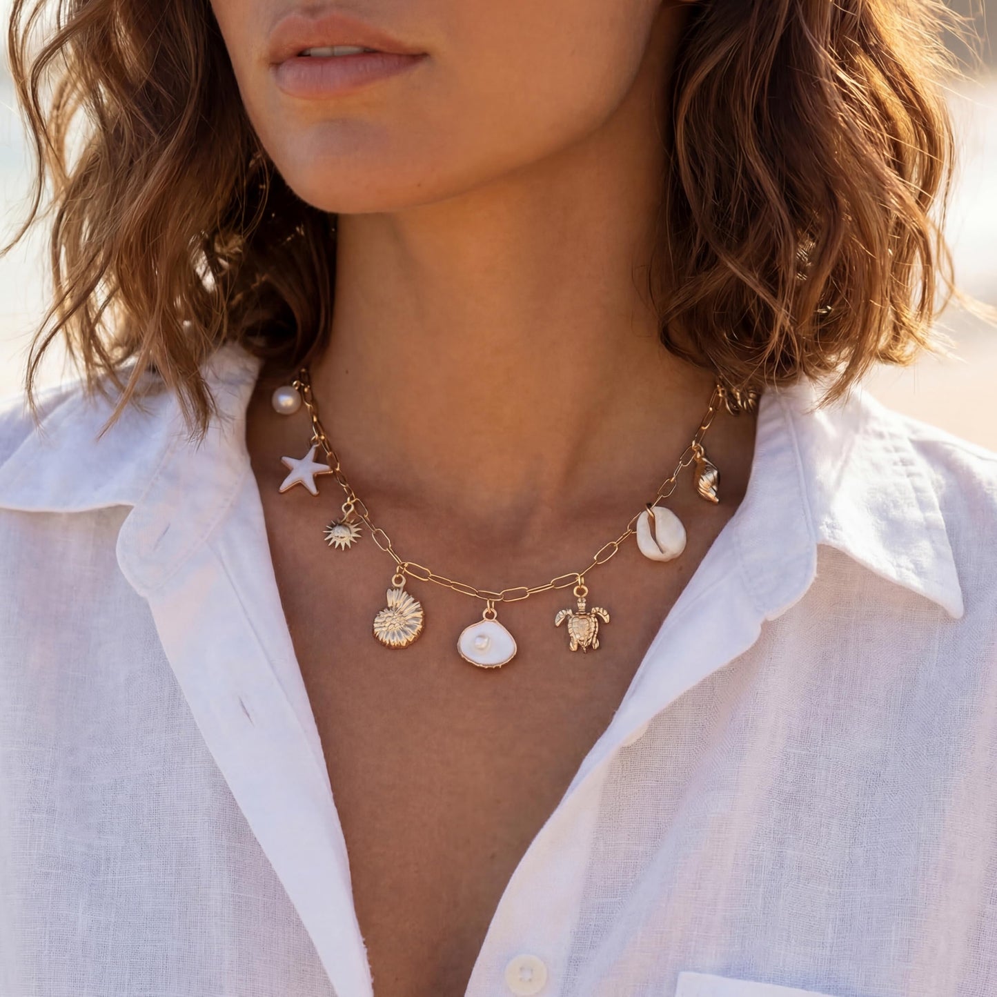 Shell Starfish Necklace for Women, Gold Plated Boho Layered Pendant Necklace with Pearl Conch Charm, Dainty Coastal Summer Beach Vacation Jewelry Gifts(Shell Charm)