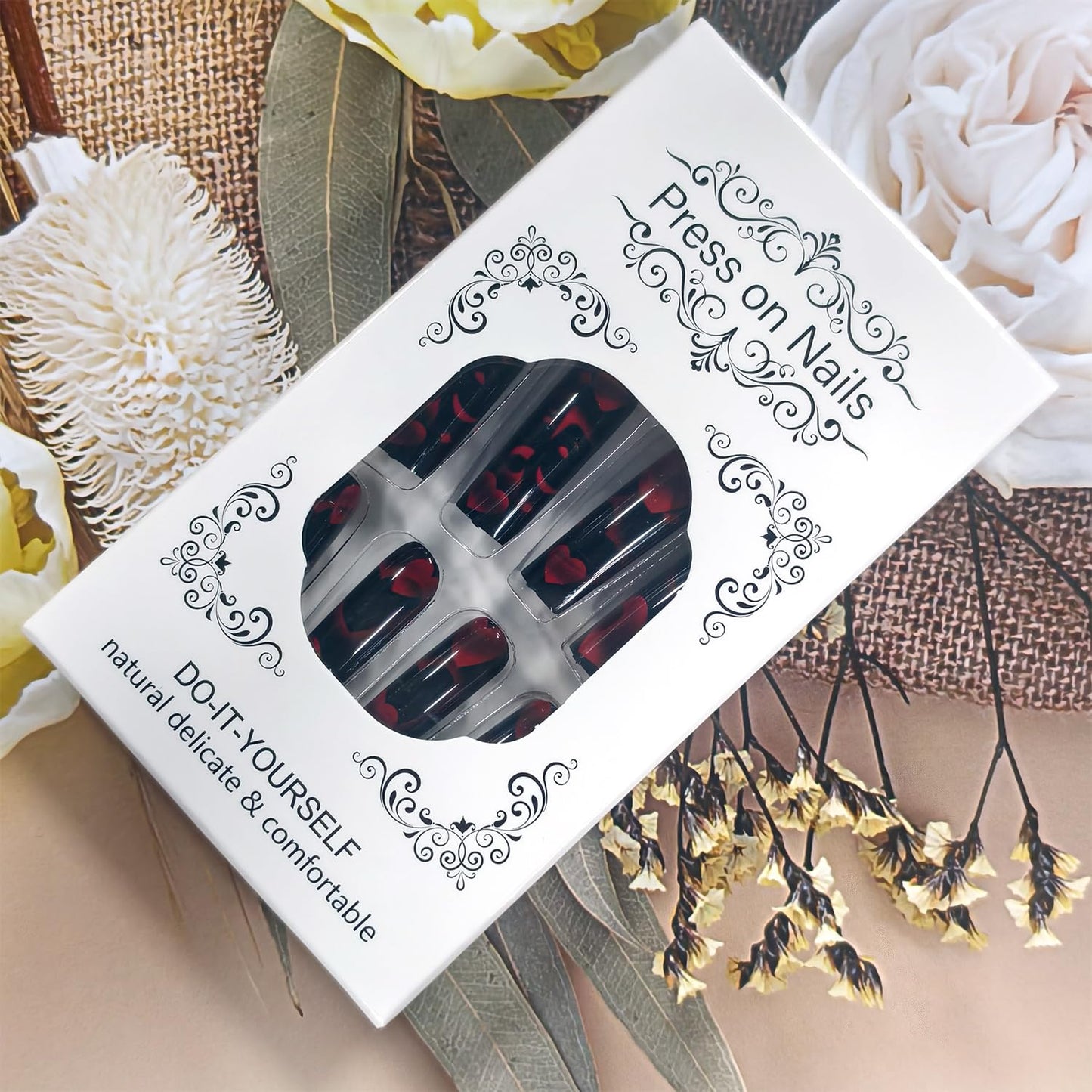 Black Heart Press on Nails Square Shaped Artificial Acrylic Fake Nails Red Love with Mask Design Full Cover Glossy Long Valentines Glue on Nail Artificial Fingernails for Women Festival Manicure 24Pcs