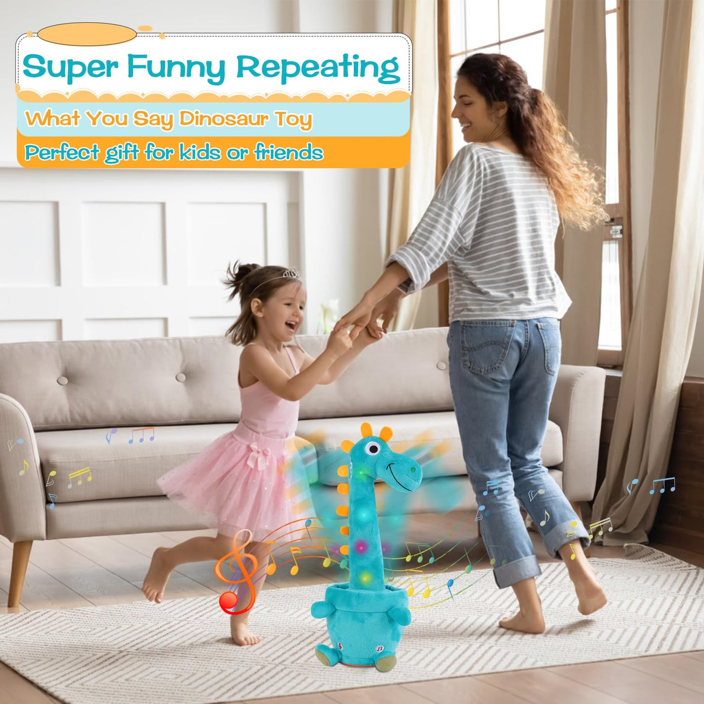 LLUKEME Dancing Talking Giraffe Toy, Stuffed Animal Baby Toy Repeating What You Say, Glowing Musical Electronic Giraffe Gifts for Toddlers 1-3 Years Old (Dancing Dinosaur)
