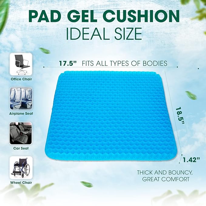 Yes4All Cooling Gel Seat Cushion for Long Sitting, 2 Silk Non-Slip Magnet Covers, Large Thick Breathable Wheelchair/Car/Office Chair Cushions
