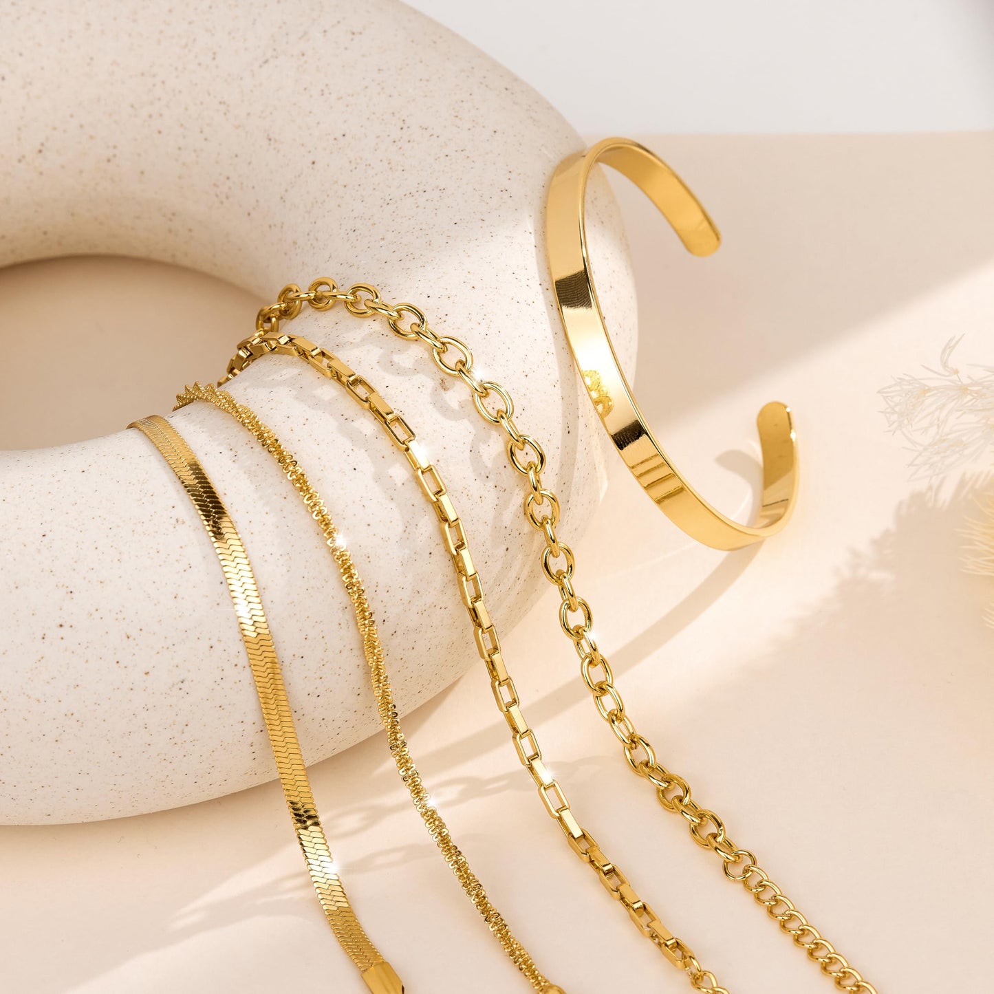Chunky Gold Bracelets for Women Stack, Adjustable Set 14K Gold Plated on Copper, Stackable Bangle Cuff, Box Link, Figaro, Herringbone, Sparkling Chain, Waterproof Tarnish Resistant Jewelry Gift for Women