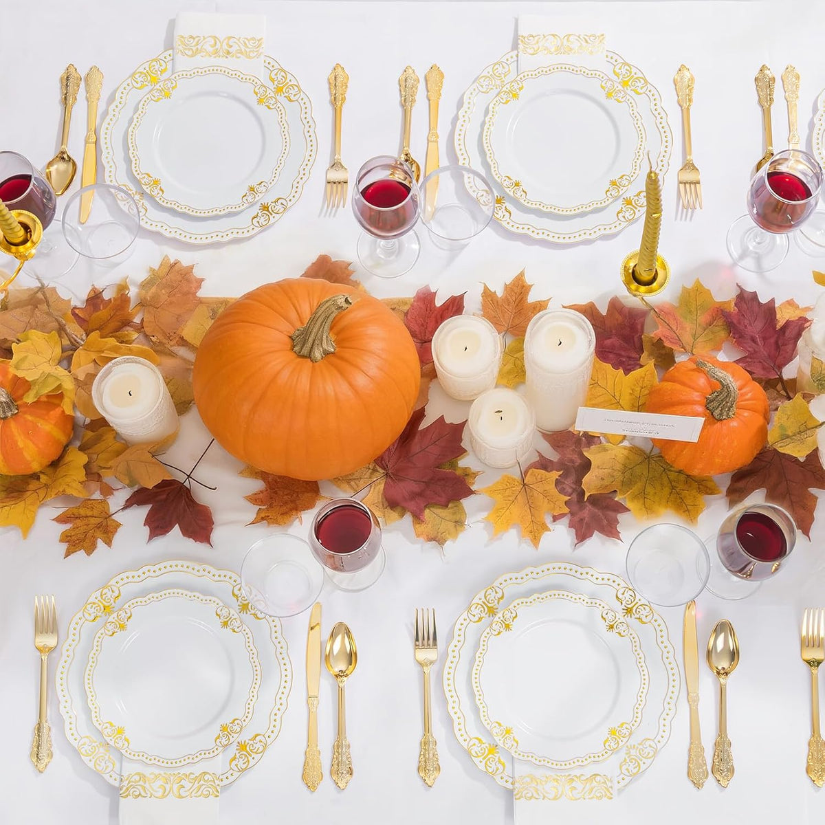 Ciaell 175 PCS White and Gold Plastic Plates - Fancy Gold Disposable Dinnerware Set with of 50 Plastic Plates, 25 Knives, 25 Forks, 25 Spoons, 25 Cups, 25 Napkins for Wedding, Party &Thanksgiving