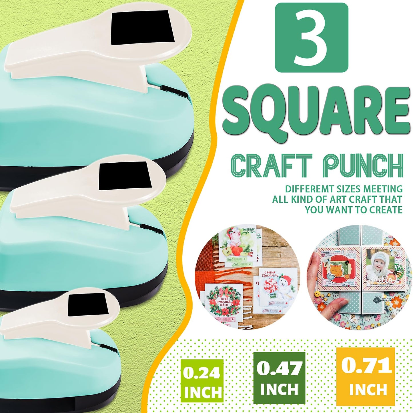 Square Punch for Crafting Scrapbooking Cards, 3/8'' 5/8'' and 1'' Square Lever Action Craft Puncher, Scrapbooking Crafting Tool Handmade Paper cuadrado Punches for DIY Cards Making
