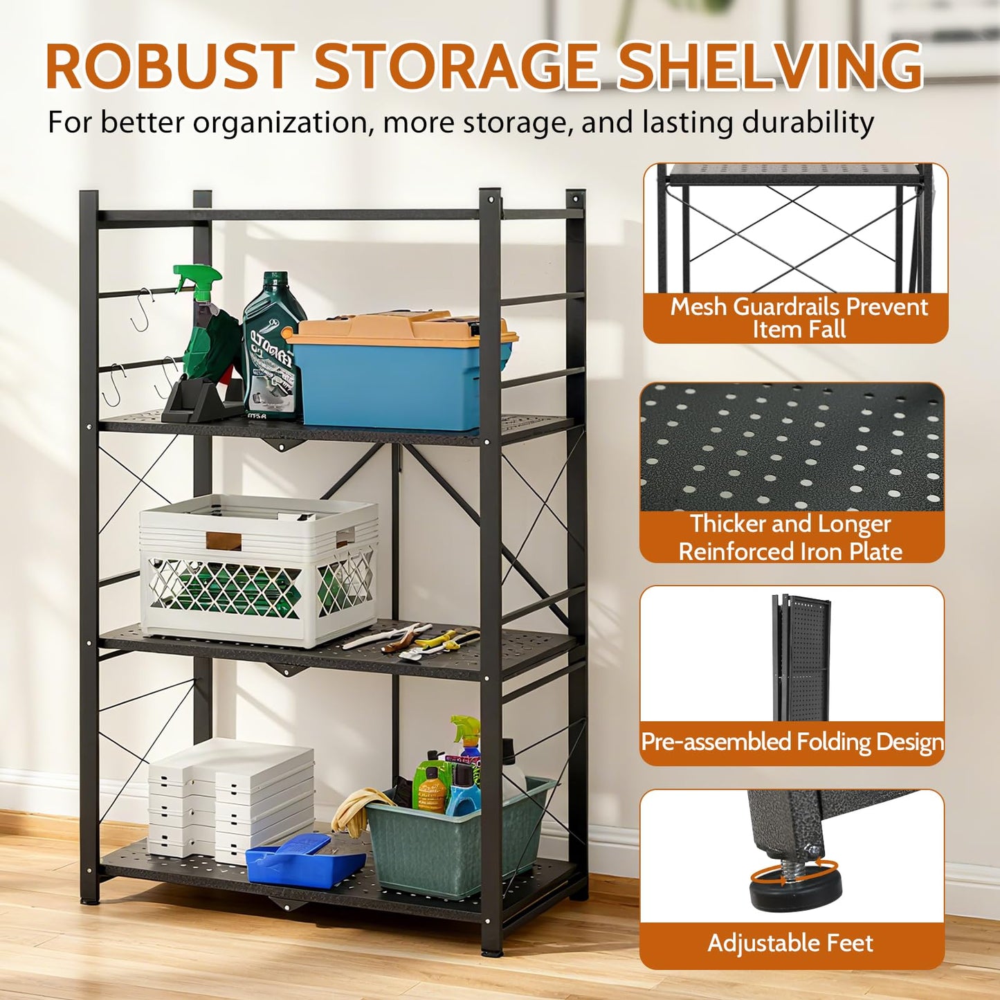 INTER HUT 4 Tier Foldable Greenhouse Shelving Unit, Heavy Duty Steel Plant Stand Storage Rack, No Assembly Required, 130lbs Per Shelf Capacity, 28"x14.6"x44.7”, 1 Pack, Black