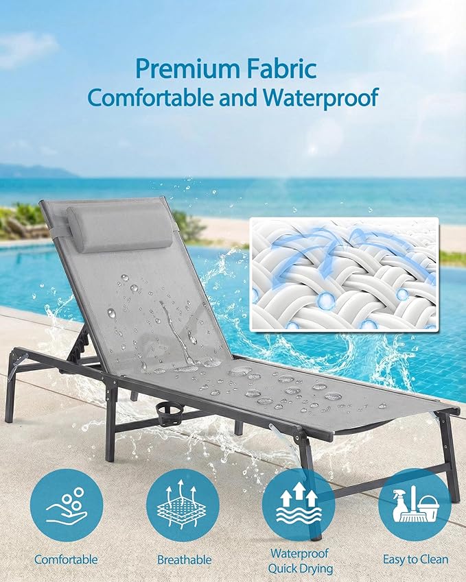 4 Pack Foldable Chaise Lounge Chair with Cup Holder, Assemble-Free Outdoor Lounge Chair with Detachable Pillow and 6 Adjustable Backrest, Patio Lounge Chair for Outside Poolside Beach Pool, Grey