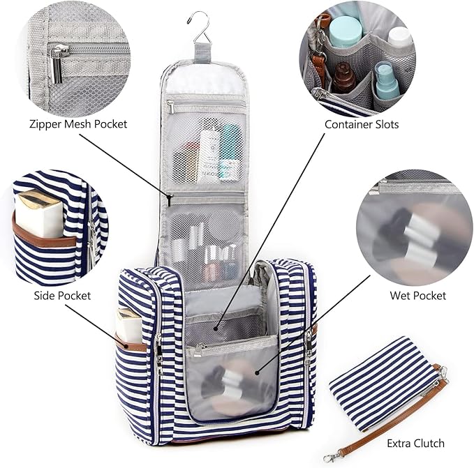 Pearl Angeli Hanging Toiletry Bag for Women, Large Makeup Cosmetic Bag, Water Resistant Toiletries Travel Essentials Organizer, Full-size Container, Navy-striped