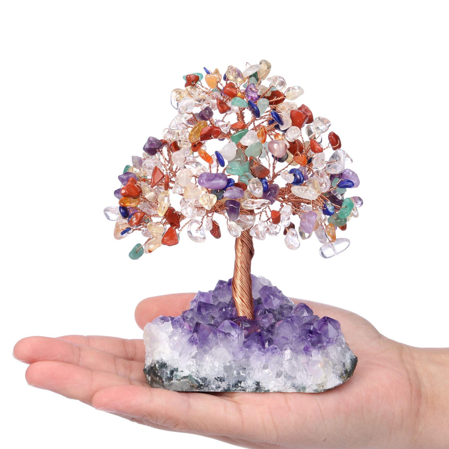 Jovivi Natural 7 Chakra Gemstone Healing Crystal Money Tree on Amethyst Cluster Geode Druzy Base Feng Shui Crystals for Home Office Desk Decorations, Wealth,Good Luck