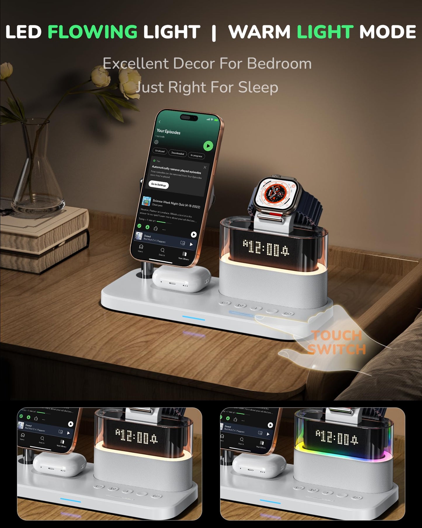 5 in 1 Wireless Charging Station for Apple,Magnetic Charger with Alarm Clock Night Light for Multiple Devices,Nightstand Charging Station Compatible with iPhone 17/16/15/14/13/12,Apple Watch,Air-Pods