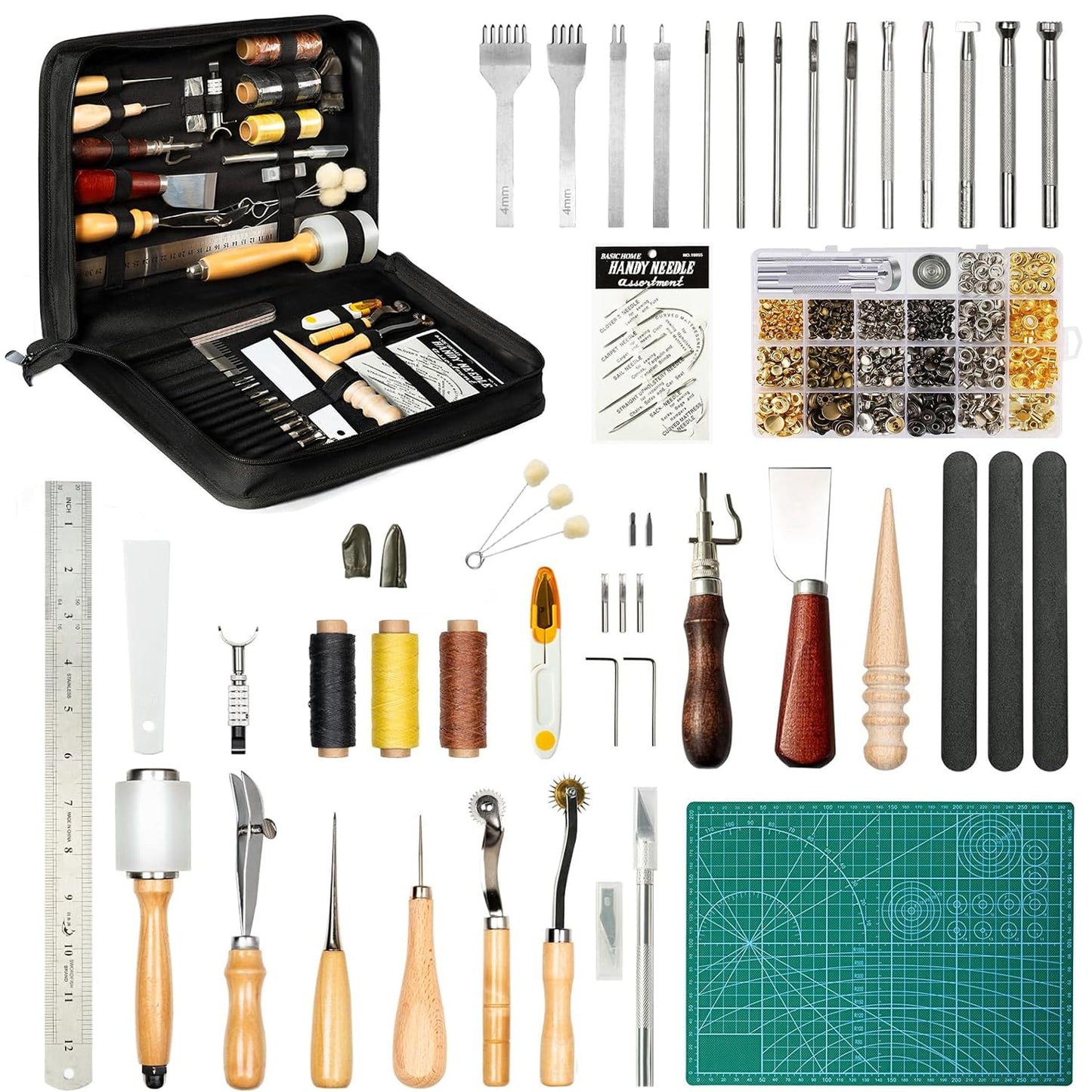 FifthQuarter Leather Tooling Kit: 458 Pcs Essential Leather Working Tools and Supplies for Starter with Guide Craft Tool Kits with Organizer for Stamping | Cutting | Stitching | Carving