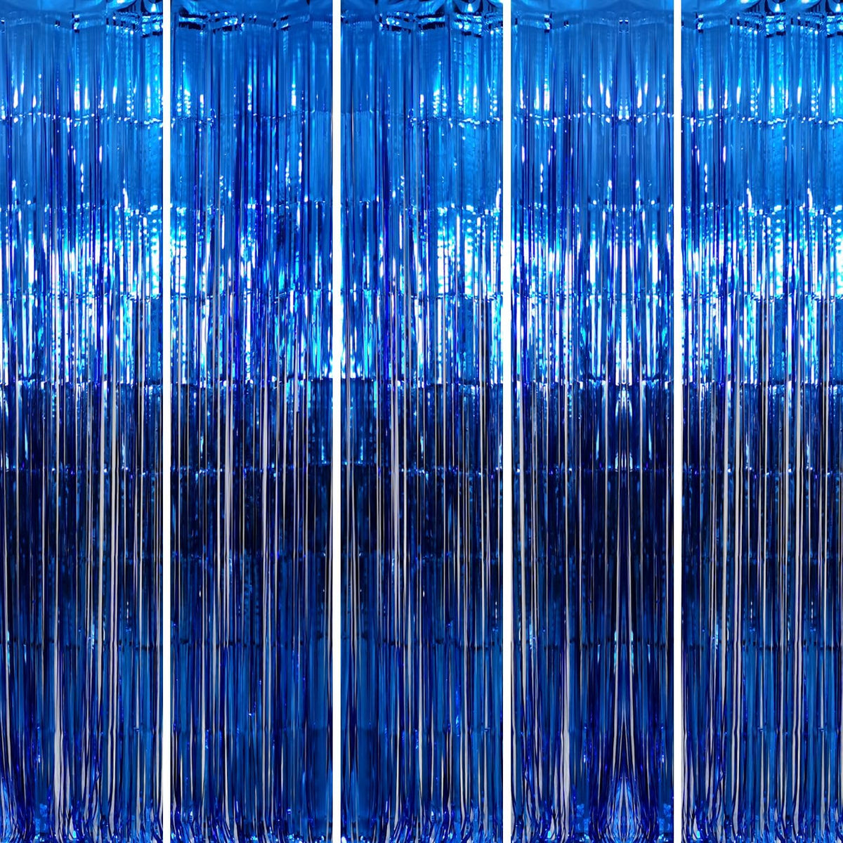 GOER 3.2 ft x 9.8 ft Metallic Tinsel Foil Fringe Curtains Party Photo Backdrop Party Streamers for Birthday,Graduation,New Year Eve Decorations Wedding Decor (Navy Blue,5 pcs)