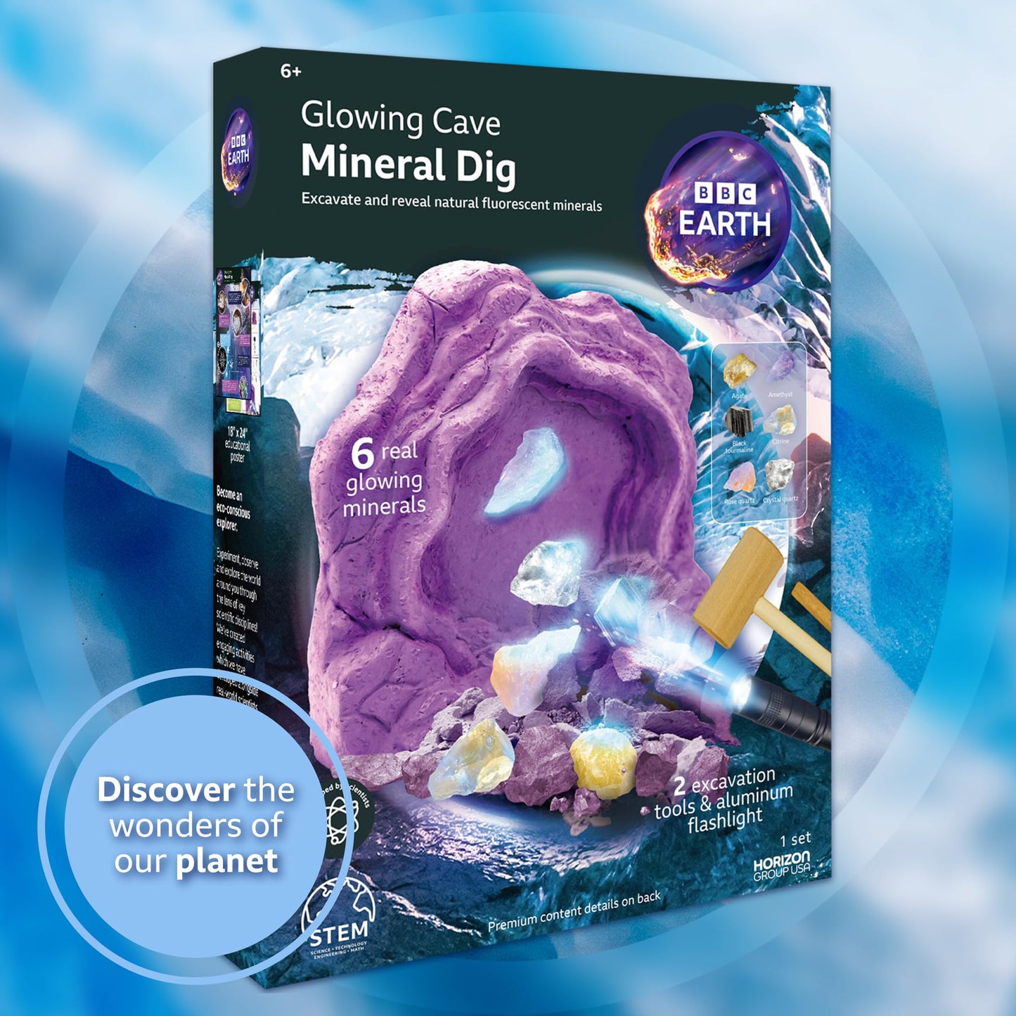 Horizon Group USA Mineral Dig Kit: Excavate 6 Real Gems, Glow in Dark, STEM Kit, Earth Science, Geology, Ages 6+