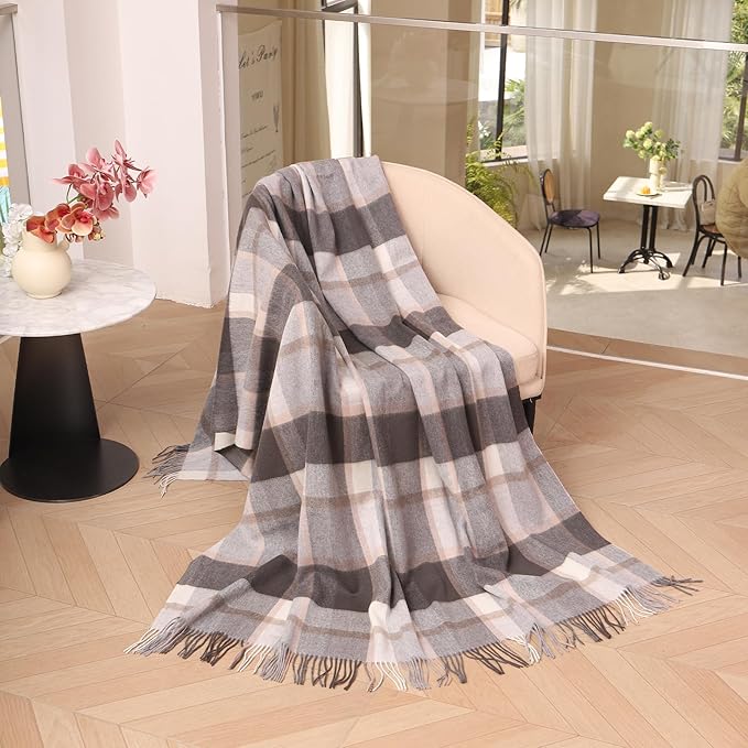 Throw Blanket Plaid with Carry Bag | Soft Wool Travel Blanket 55"x83" 1.5lbs | Gray and White Plaid Decorative Throw for Couch, Camping & Gift