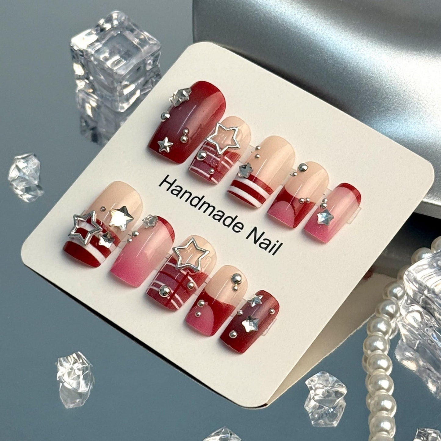 Square Press on Nails Medium Fake Nails Red Artificial Nail Seeneey y2k Designs Rhinestones Stick on Nail for Women 24pcs