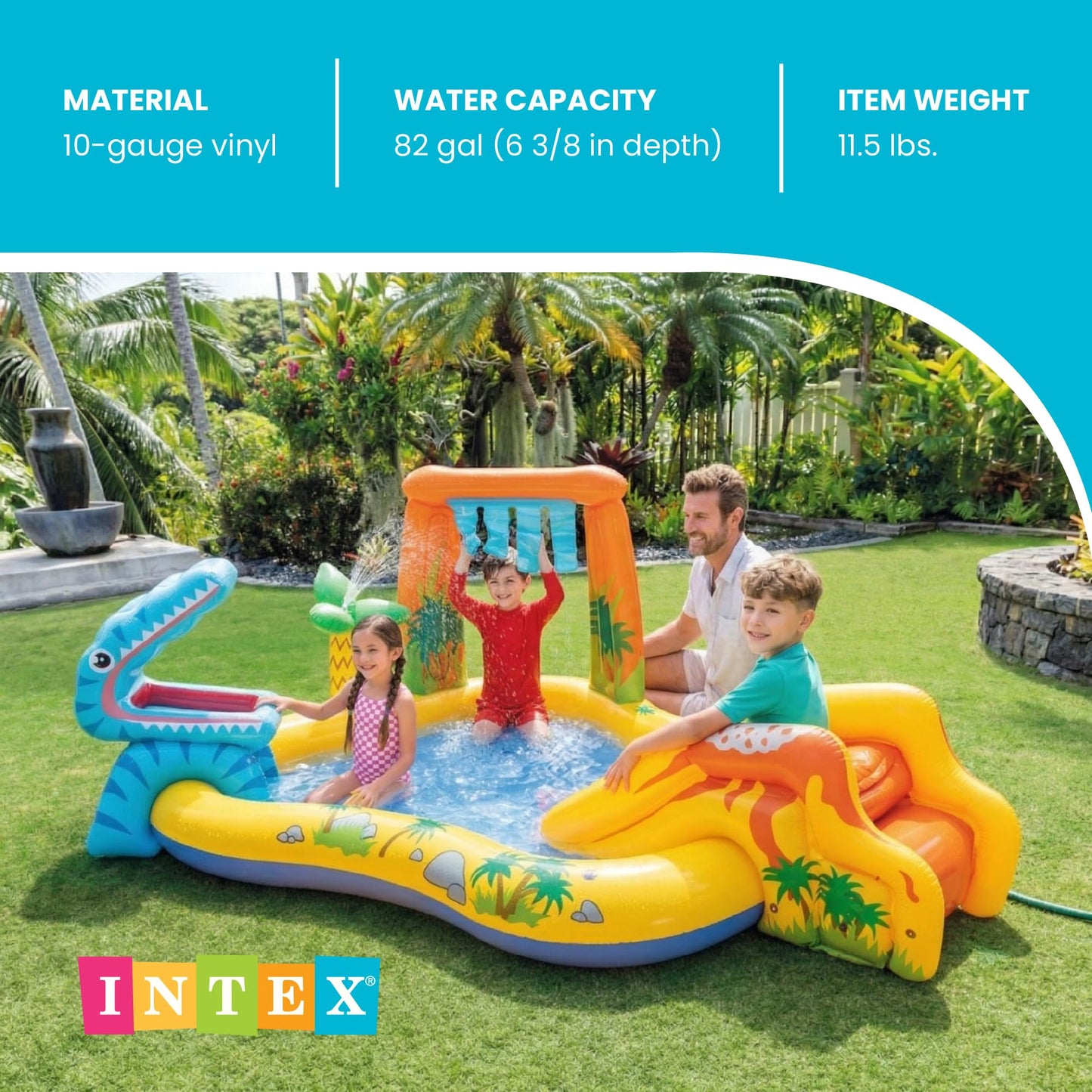 Intex Inflatable Dinosaur Play Center Outdoor Playhouse Inflatable Water Park with Kid Pool Slide, Water Sprayer, Waterfall, and 6 Balls, Multicolor