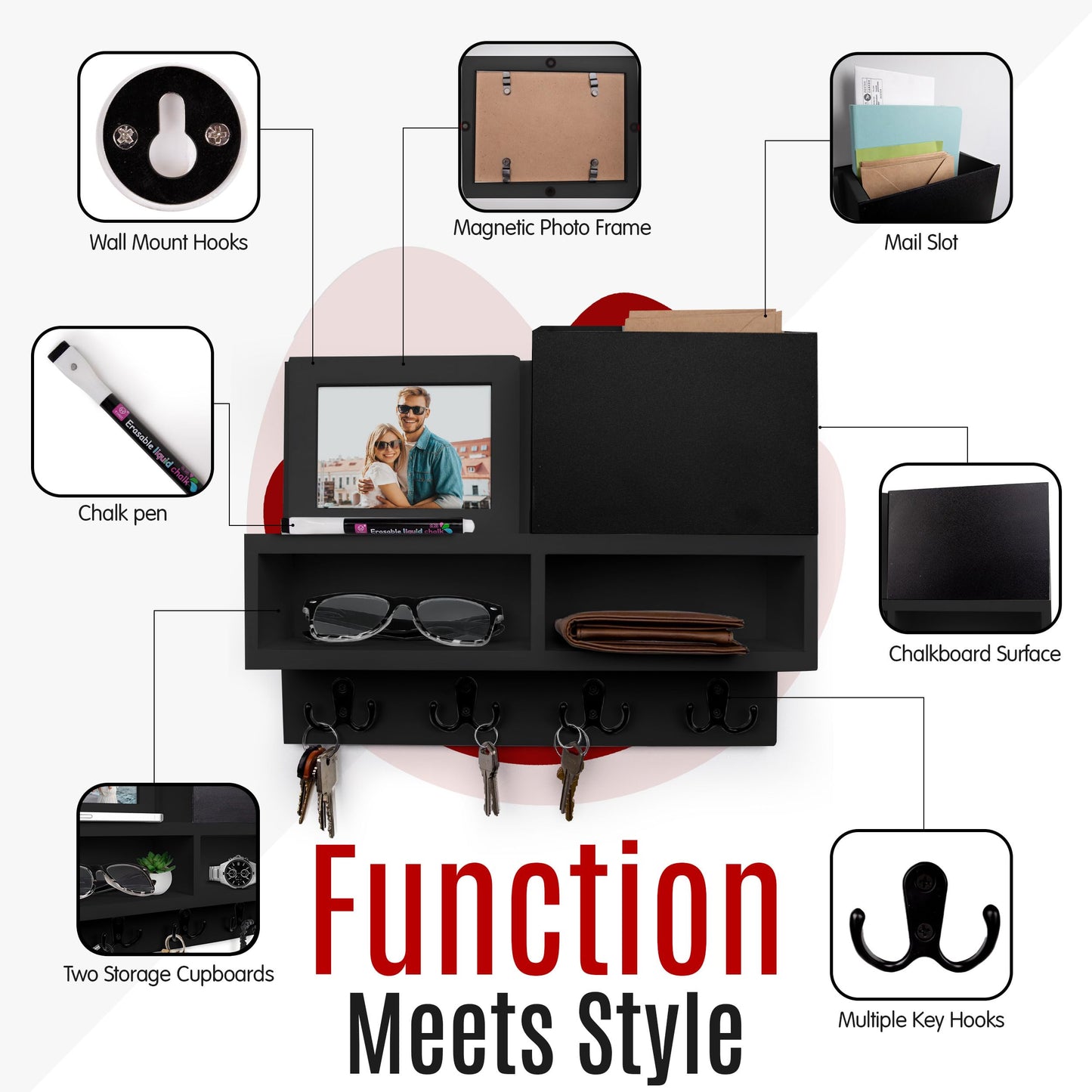 Spacelog Key and Mail Holder for Wall with Chalkboard – Magnetic Photo Frame Key Holder Wall Mount, Black, Dual Storage & Cupboards Mail and Key Organizer for Wall