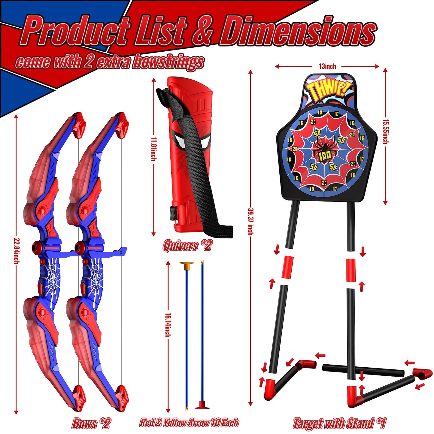 Motivekit Spider Bow and Arrow Set for Kids, 2 Pack Led Archery Set, Bow Arrow Set with 20 Suction Cup Arrows, Target with Stand & 6 Target Cans, Birthday Gift Bow and Arrow Set for Kids 4-6