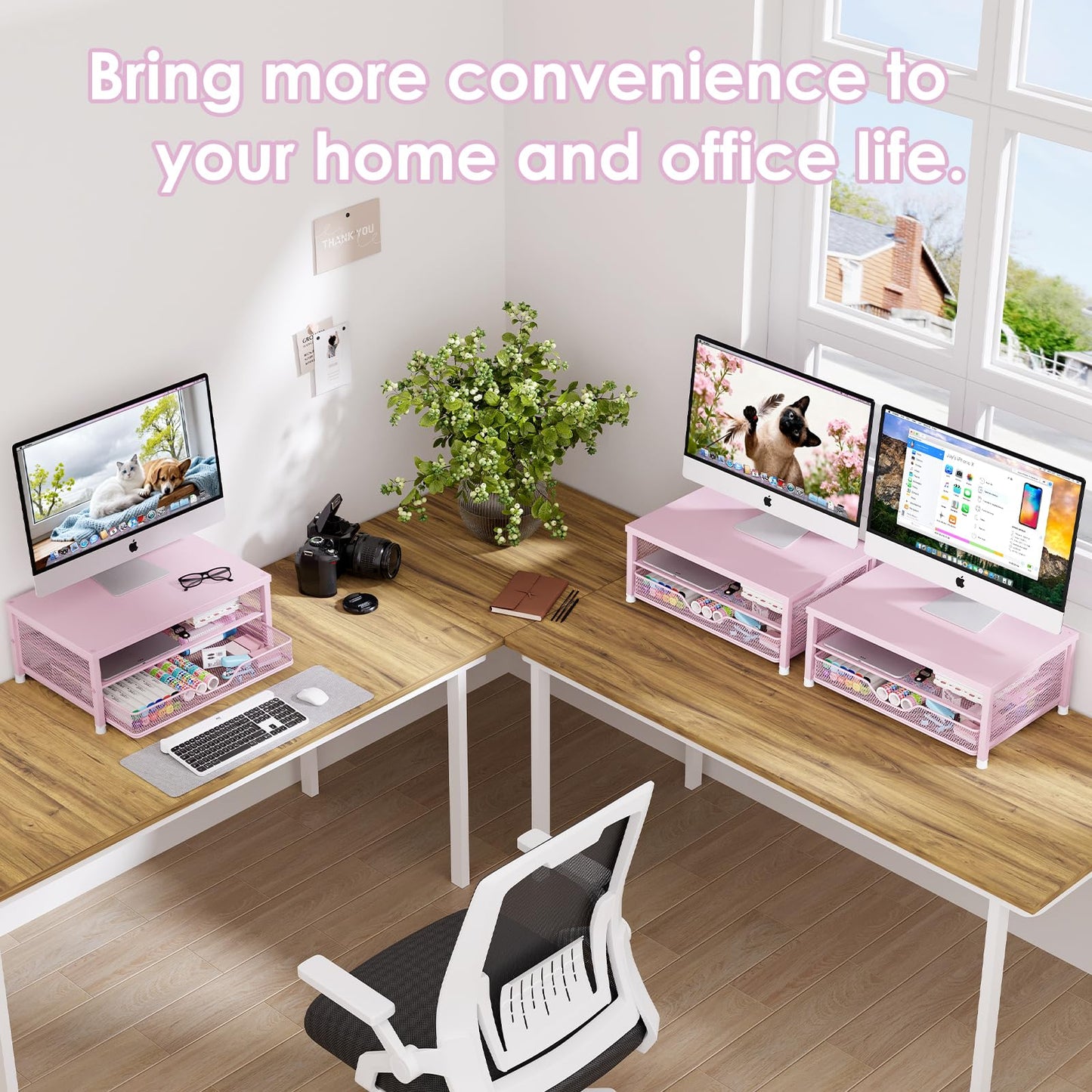 OPNICE Computer Monitor Stand Riser, Desk Organizer with Drawer, Printer & Laptop Stand, Office Desk Accessories & Workspace Desktop Organizers Storage for Office Supplies(Pink)