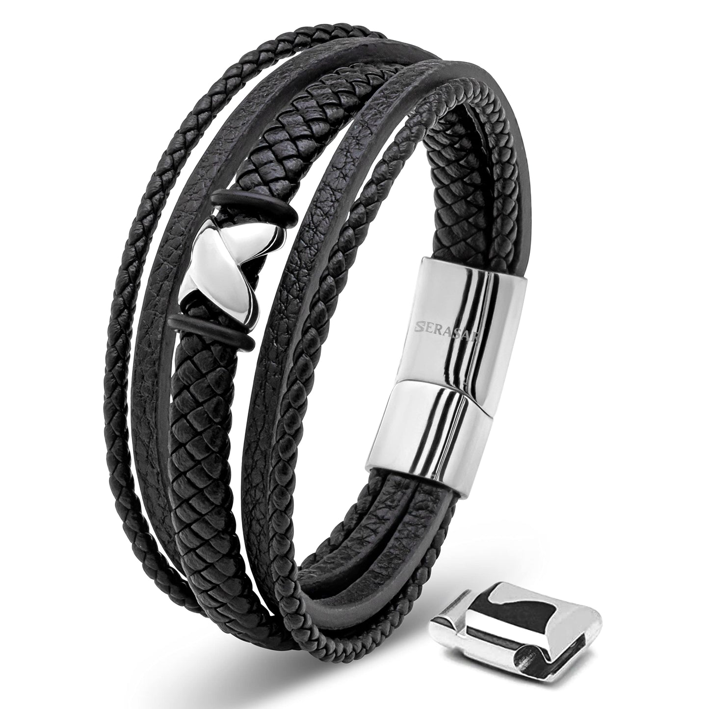 SERASAR Pulsera de cuero plateado 20cm para hombre idea regalo, genuino, caja cierre magnetico ajustable
