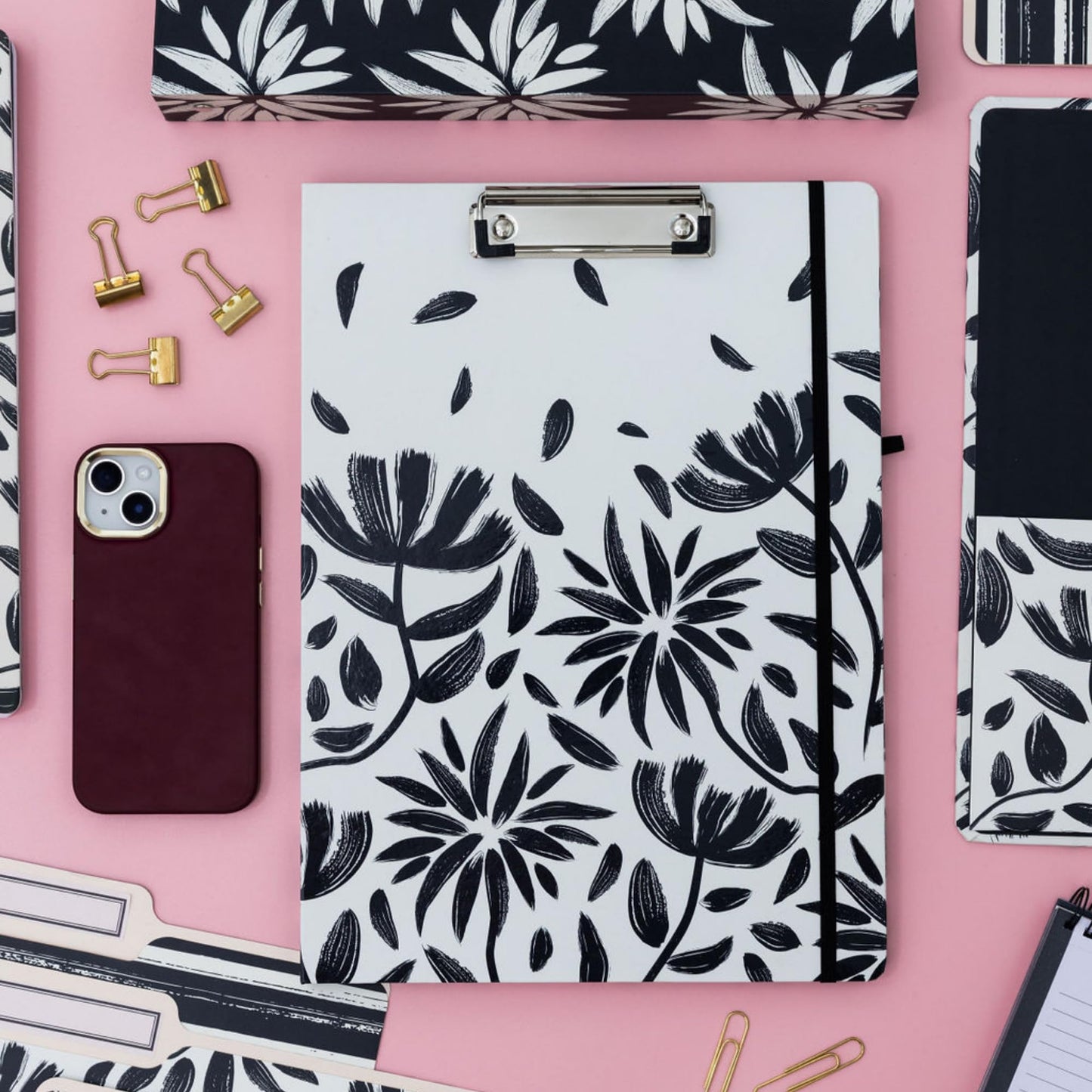 Steel Mill & Co Cute Clipboard Folio with Refillable Lined Notepad and Interior Storage Pocket, Padfolio for Work/Nursing/Teachers, Hand Drawn Black Floral