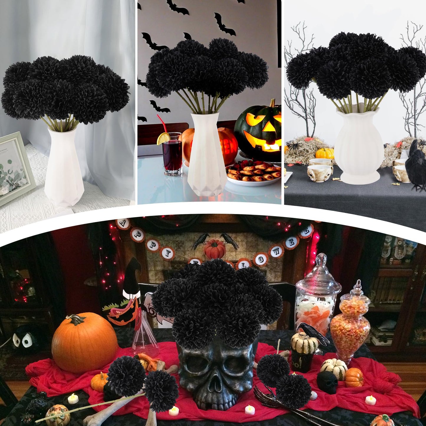 Rowfad 12 Pcs Black Artificial Chrysanthemums Flowers Silk Fake Mums Flowers for Halloween Ghothic Wedding Table Centerpiece Christmas Home Decor (12, Black)