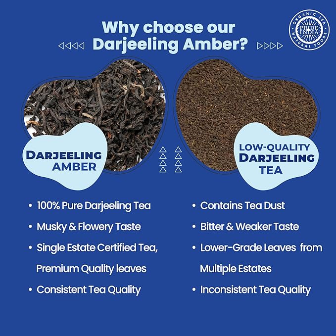 Pride of India | PACK of 6 - Darjeeling Amber: Afternoon Black Tea | 15 Pyramid Full Leaf Individually Wrapped Tea Bags | Smooth, Musky, Flowery Flavor| Single Estate Certified Classic Tea