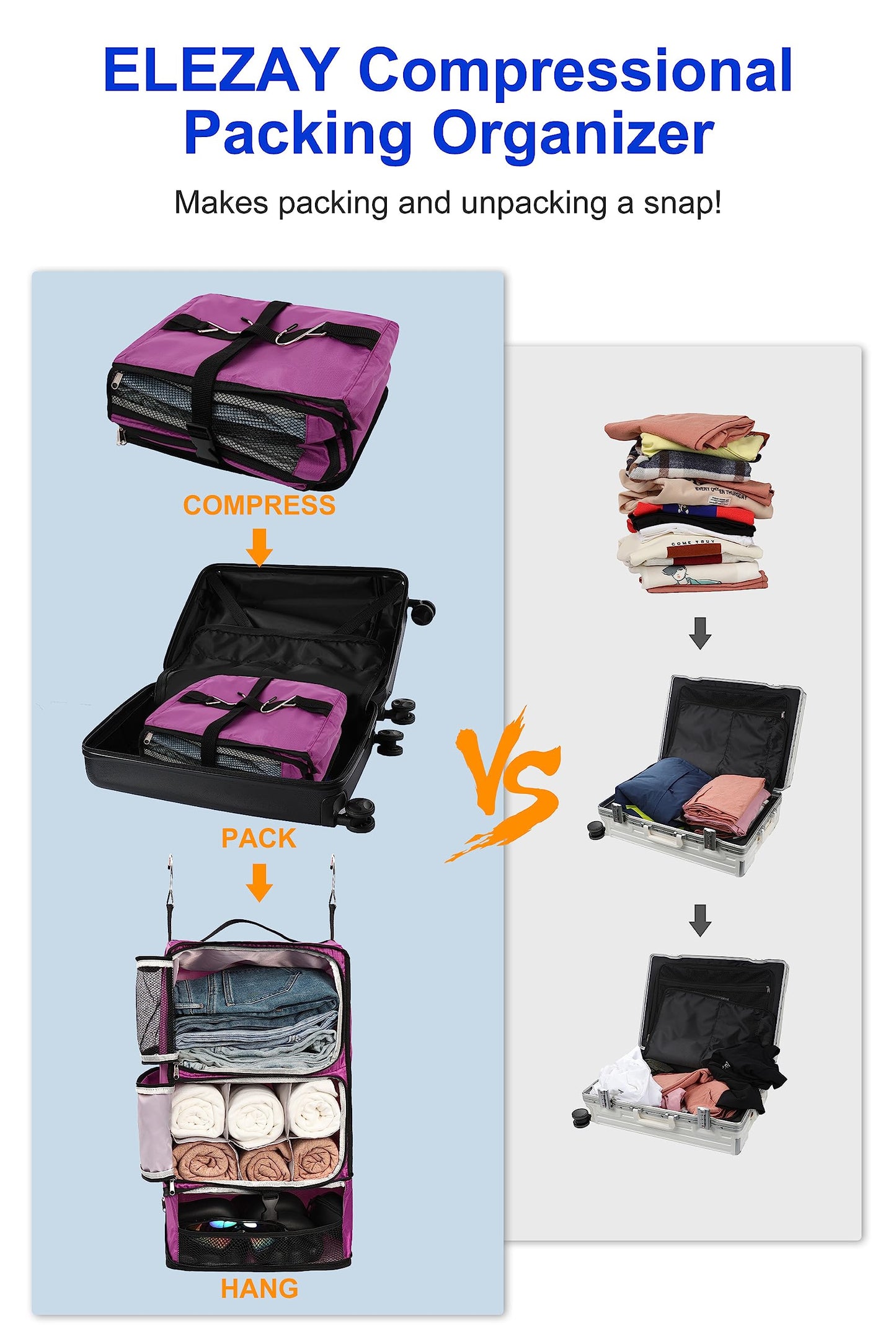 ELEZAY Hanging Packing Cubes Portable Closet 3-Shelf Travel Collapsible Compression Garment Organizer for Carry-on Luggage Suitcase Space Saver Bag X-Large_No Side Pockets, Purple