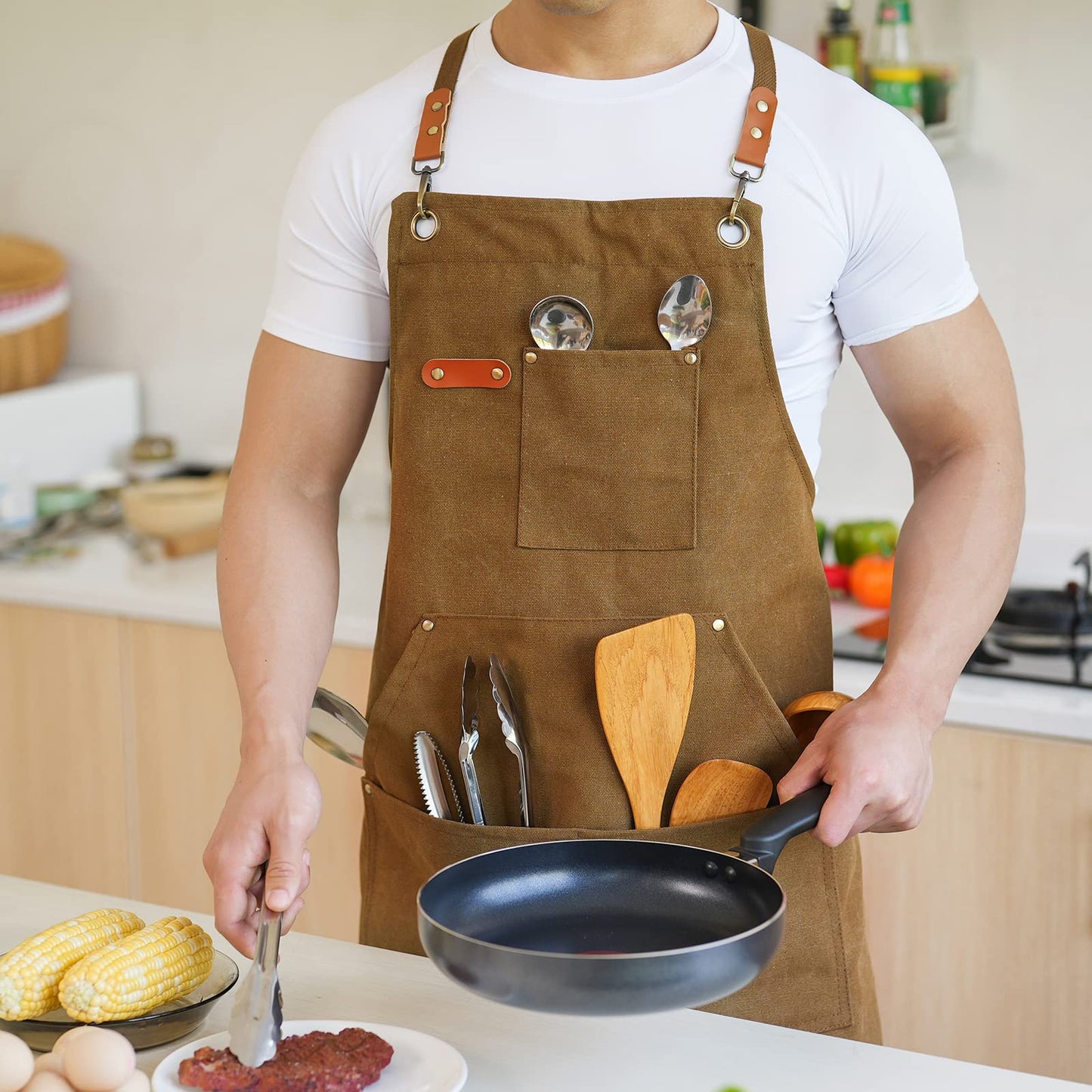 Aoomzoon Canvas Aprons for Men Chef Apron, Work Apron with Large Pockets - Durable 16oz Heavy Duty Cross Back, BBQ, Cooking (Brown, 1 Pack)