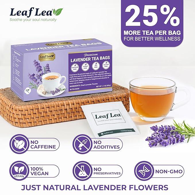 LeafLea 40 Premium Lavender Tea Bags, Natural Lavender Flowers, Lavendar Herbal Tea with Delicate Floral Aroma & Smooth Flavor, Relaxing Evening Infusion, No Caffeine, No Sugar, Individually Wrapped