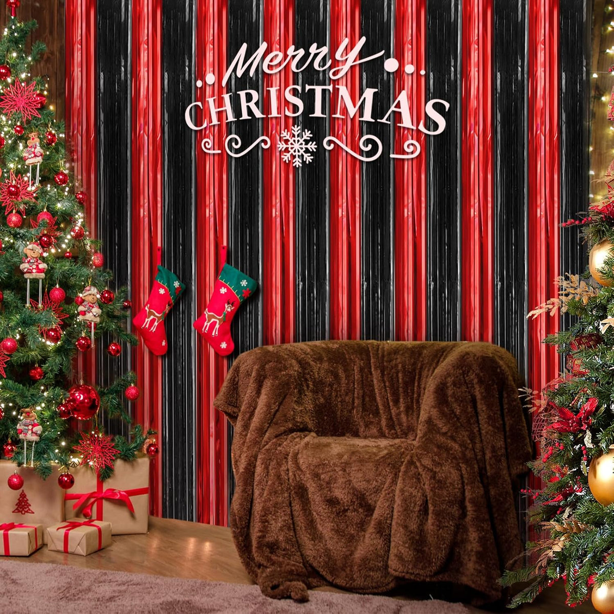 Red & Black Metallic Foil Fringe Curtains – 3 Pack Party Streamers (3.2x8.2 ft)