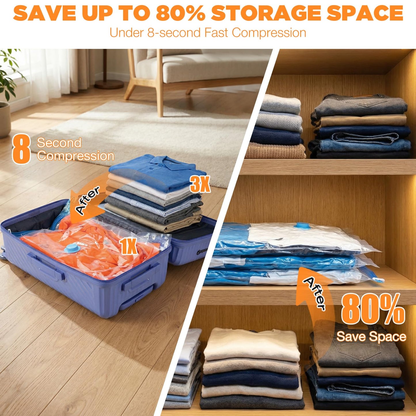 Travel Vacuum Storage Bags with Compact Cordless Pump, 15-Pack Space Saver Vacuum Seal Bags for Clothing & Luggage, Reusable Compression Bags in 3 Carry-On Sizes