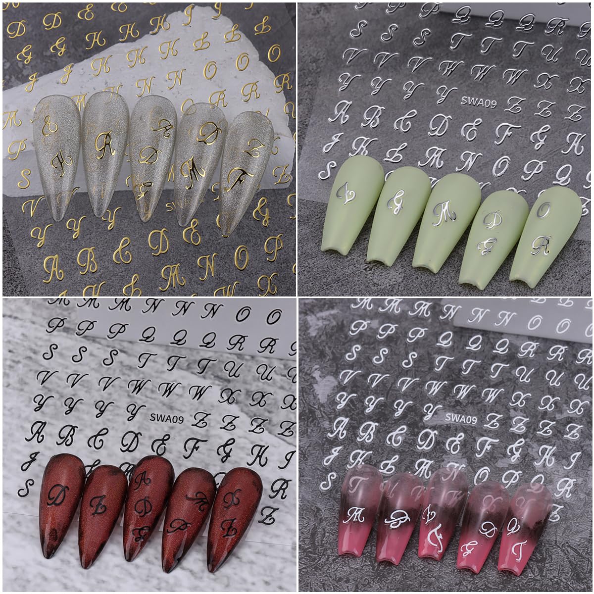 3D English Alphabet Number Nail Art Stickers Letters Nail Decals Black Gold Silver Alphabet Nail Design Self-Adhesive Nail Art Supplies DIY Manicures Slider Charms Decoration for Women DIY Nails 8PCS