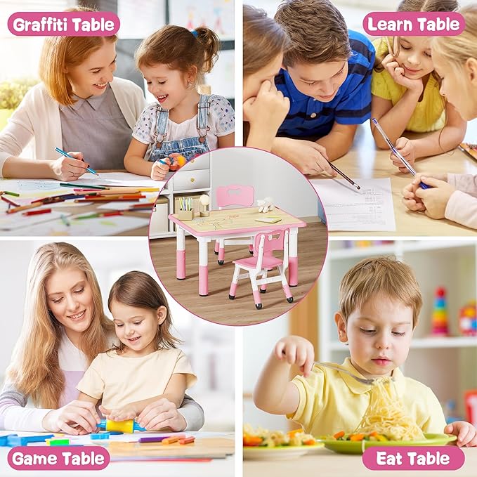 Brelley Kids Table and 2 Chairs Set, Height Adjustable Toddler Desk 31.5" L x 23.6" W and Chair Set, Graffiti Desktop, Classroom/Daycare/Home, Children Multi-Activity Table for Ages 2-8