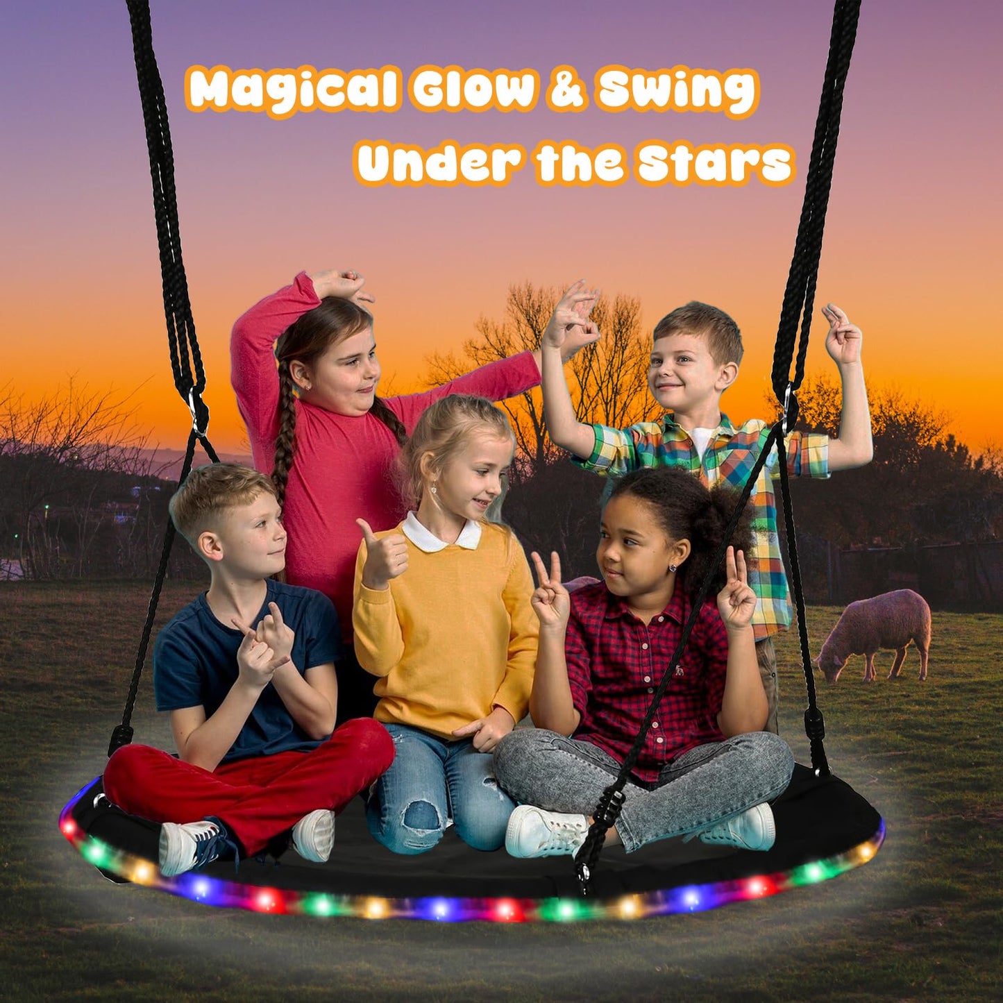 48 Inch Tree Swing with LED Light for Kids, 900lbs Flying Saucer Swing, with Adjustable Hanging Straps, for Indoor and Outdoor, Great Gifts for Kids (48INCH)
