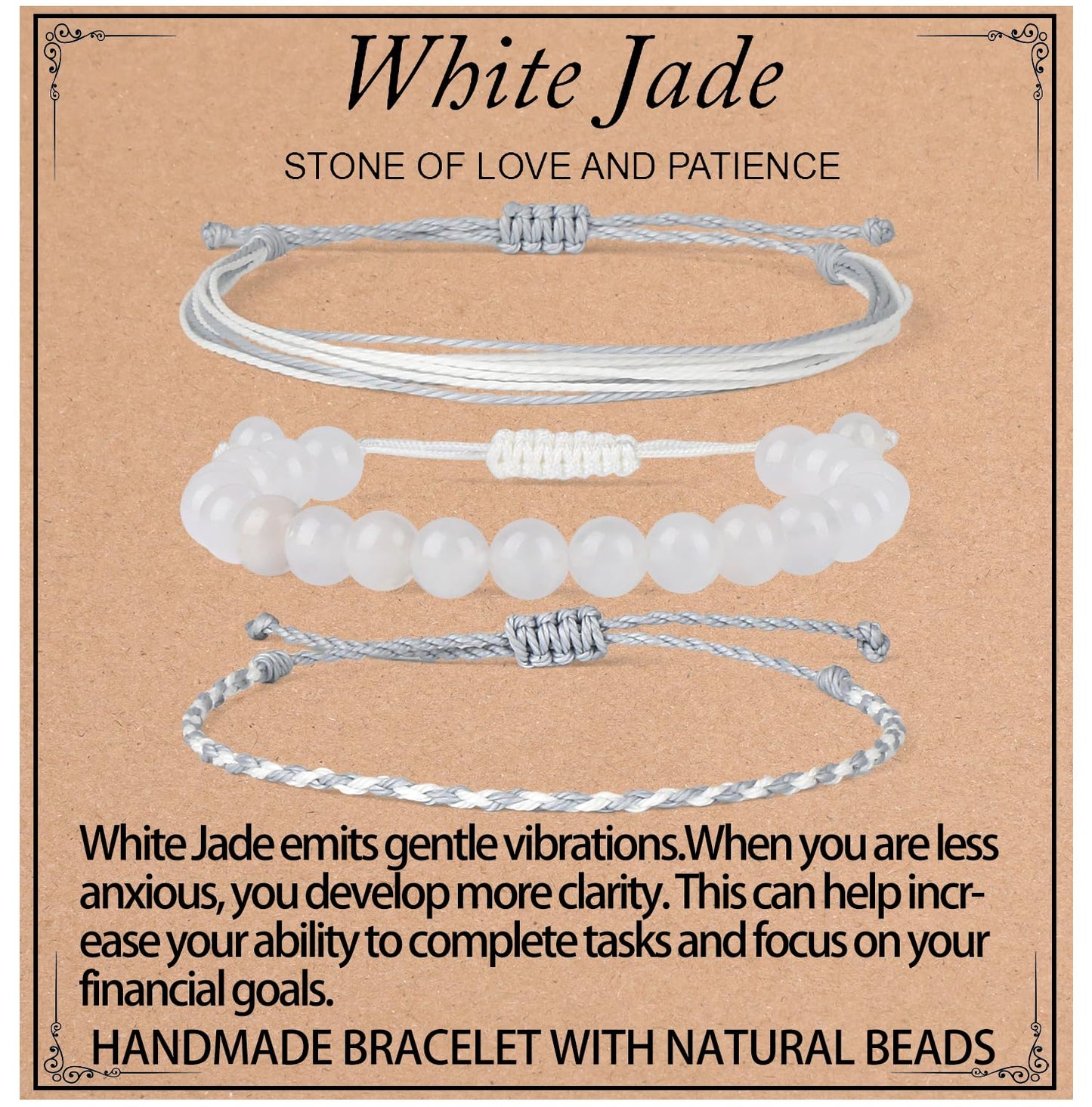 QOGIR Handmade Healing Bracelets,8mm Natural White Jade Gem Stone Beads Bracelet for Men Women Gifts with 2PCS Size Adjustable Rope Bracelets