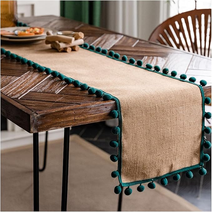 Natural Jute Table Runner, Burlap Style Table Runner, Rustic Farmhouse Table Runner Country Vintage for Wedding, Party Table Decorations, Boho Décor Jute Green Balls 12x48 inch TAB28