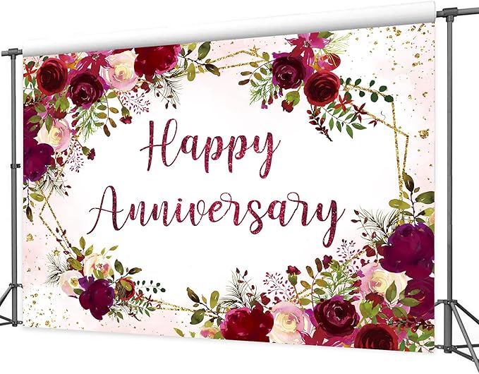Homewelle Happy Anniversary Backdrop 5Wx3H Feet Polyester Fabric Elegant Burgundy Flower Rose Floral Plant Botanical Decoration Green Leaves Gold Glitter Photography Background Photo Shoot Props
