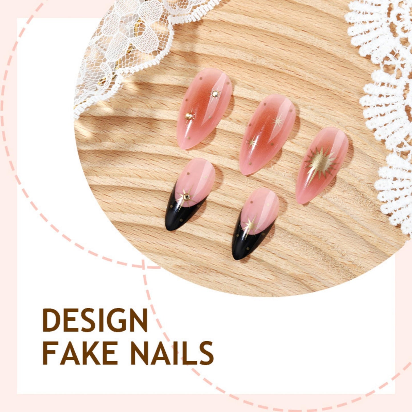 SEENEEY Almond Press on Nails Long Fake Nails Black Artificial Nail Gold Charm Designs Stick on Nail for Women 24pcs