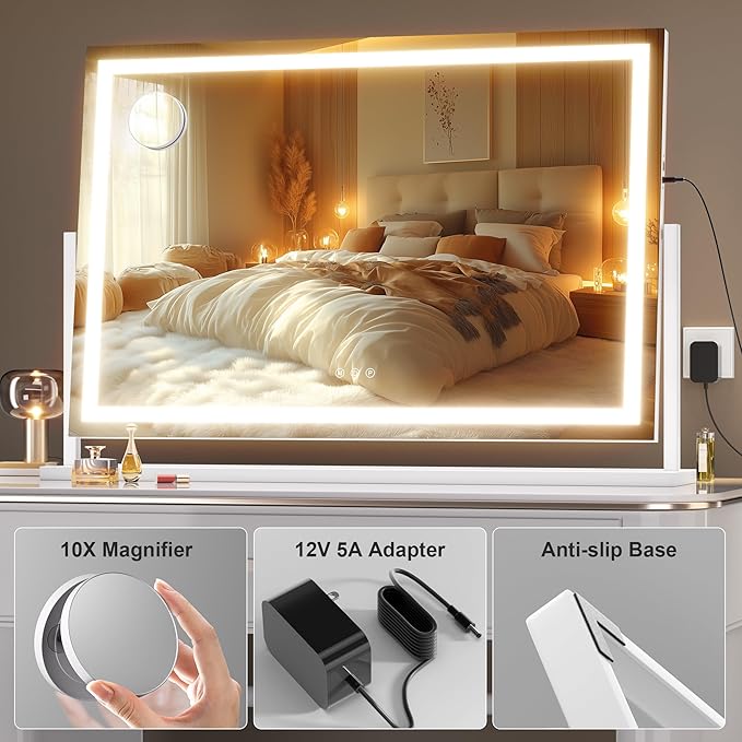 Hasipu Vanity Mirror with Lights, 32" x 24" LED Makeup Mirror, Light up Mirror with 10X Magnification and Phone Holder, USB Charging Port, Smart Touch 3 Colors Dimmable (White)
